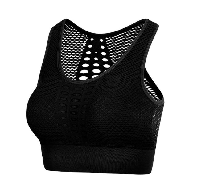 Sexy, breathable mesh sports bra with high support, designed for comfort and style during intense workouts or everyday wear