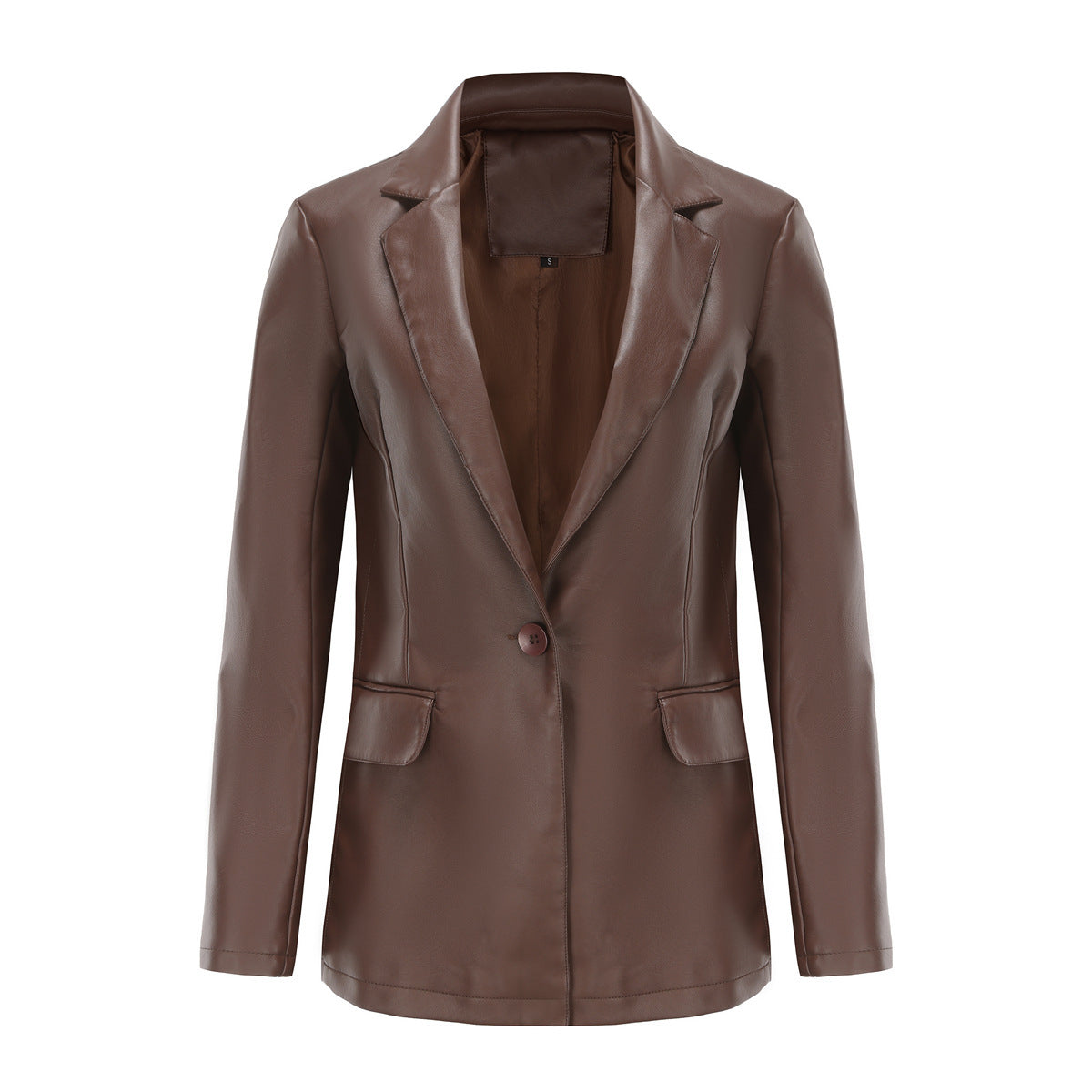 Sleek and stylish single-button leather coat, perfect for a polished yet casual look