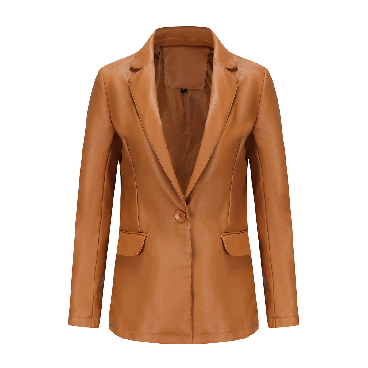 Sleek and stylish single-button leather coat, perfect for a polished yet casual look