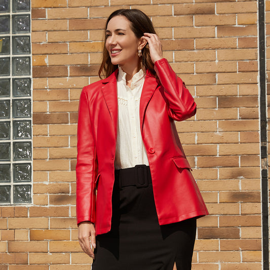 Sleek and stylish single-button leather coat, perfect for a polished yet casual look