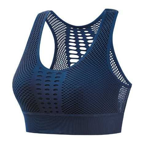 Sexy, breathable mesh sports bra with high support, designed for comfort and style during intense workouts or everyday wear