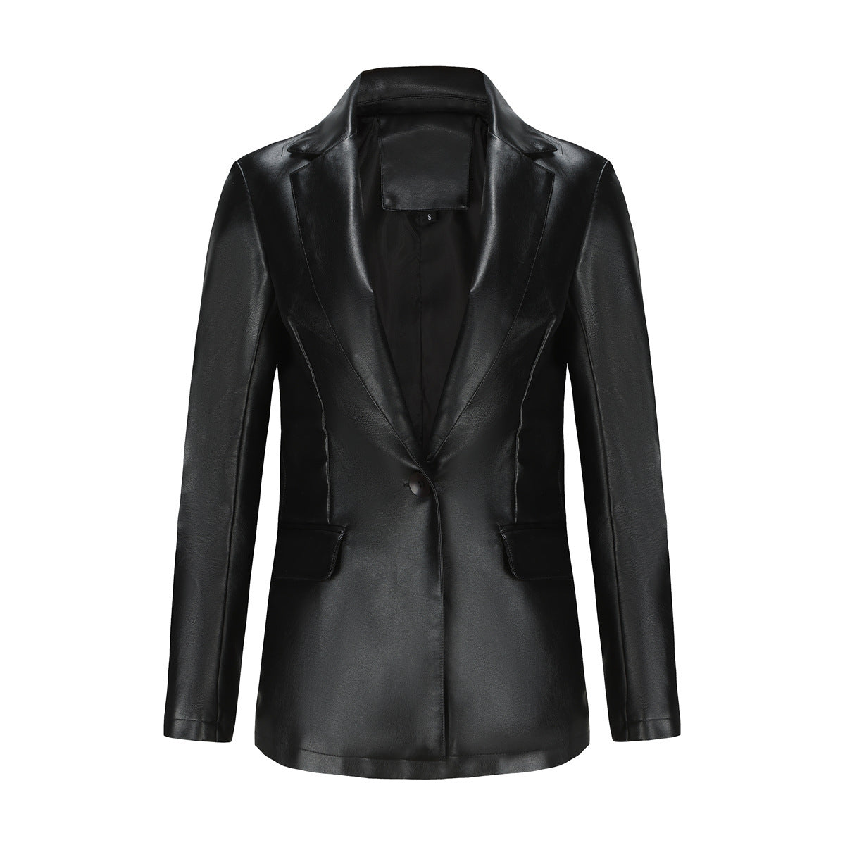 Sleek and stylish single-button leather coat, perfect for a polished yet casual look