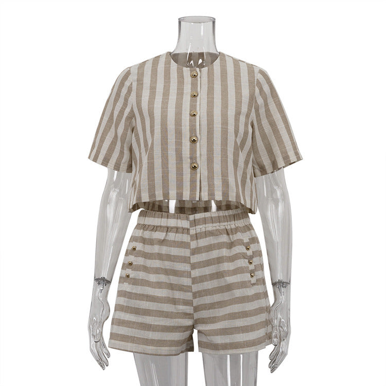 Trendy striped shirt and shorts suit for a stylish, easygoing look. Perfect for a chic and comfortable summer day